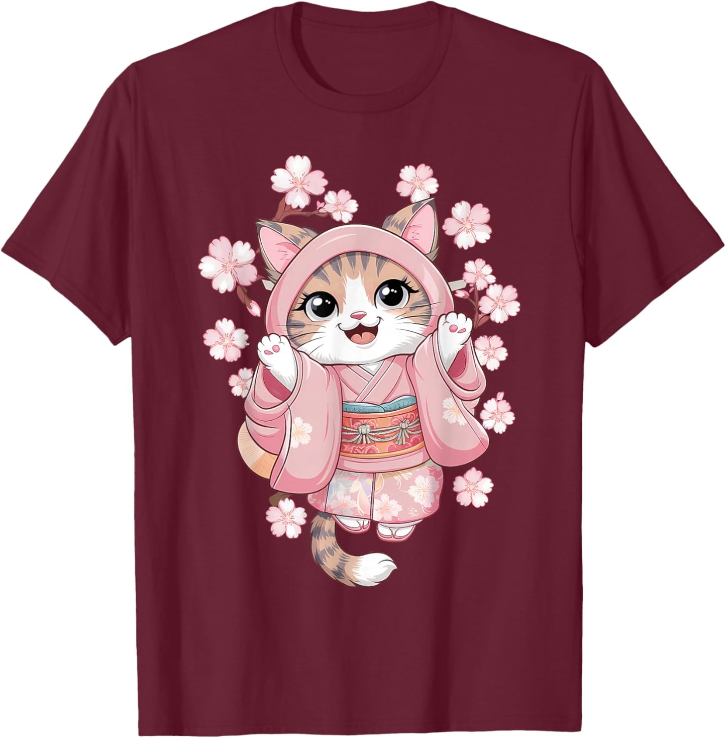 Cherry Blossom Japanese Anime Kawaii Cat Kimono Dress T-Shirt - T-Shirt | Maroon