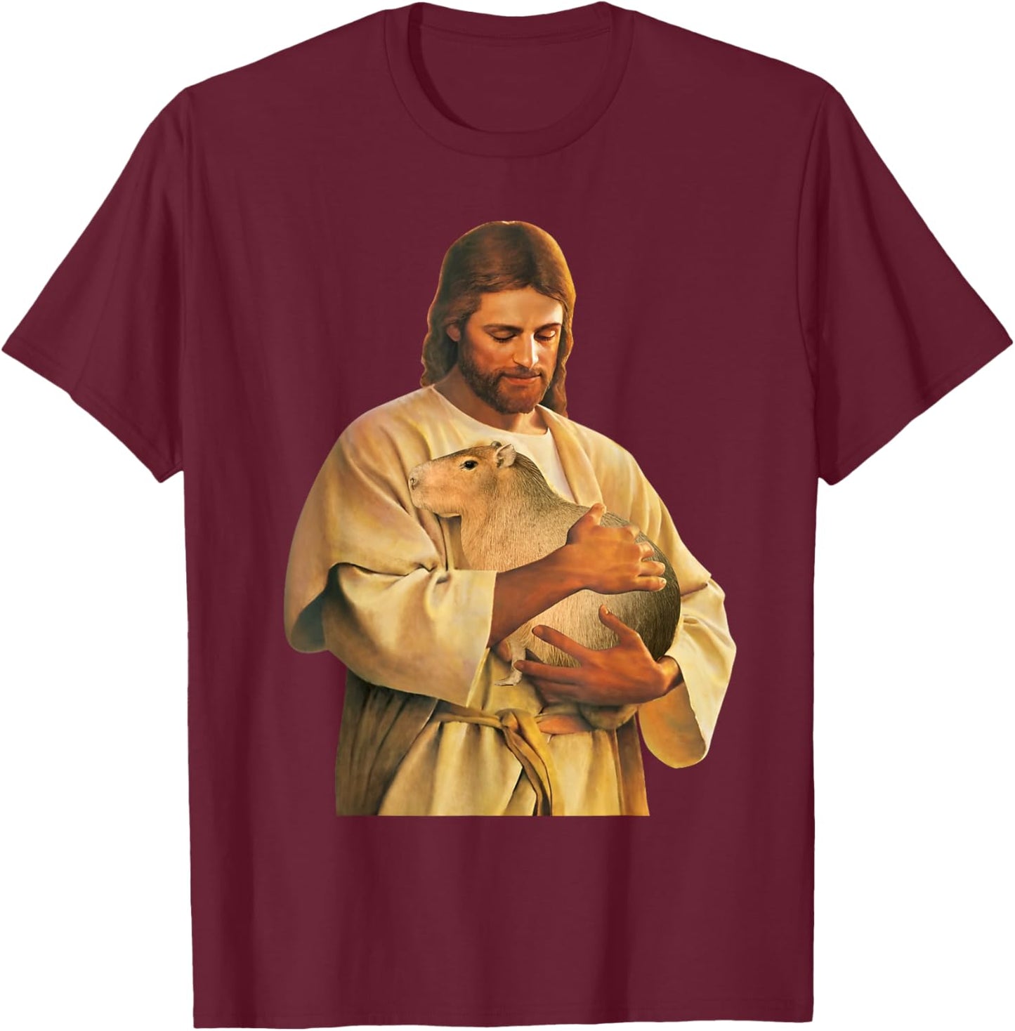 Funny Meme Capybara Lover Cute Jesus Holding Capybara Joke T-Shirt - T-Shirt | Maroon