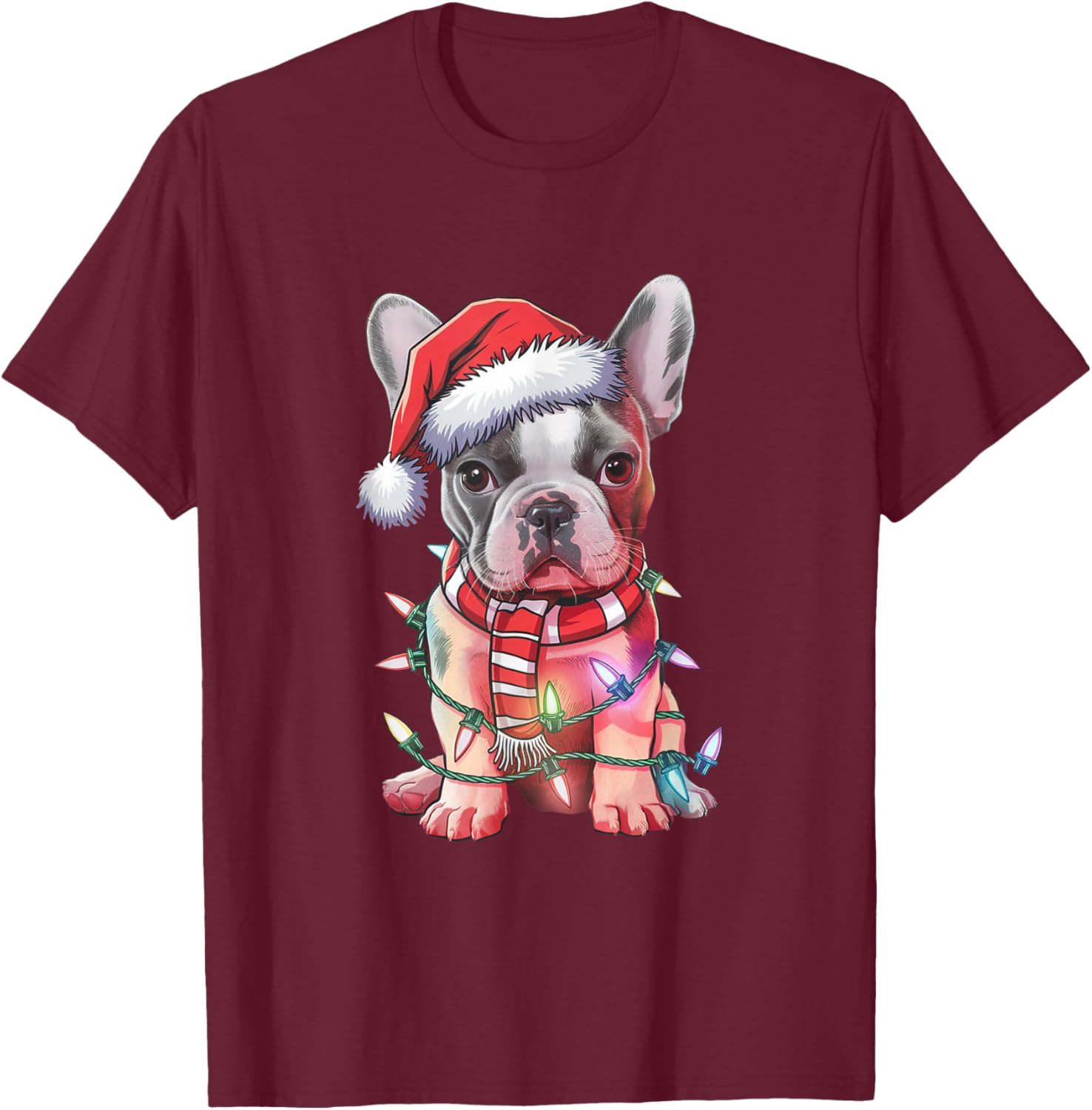 Christmas Lights French Bulldog Santa Hat Funny Dog Xmas Men Women Kids T-Shirt - T-Shirt | Maroon
