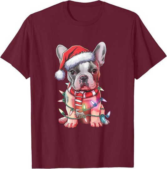 Christmas Lights French Bulldog Santa Hat Funny Dog Xmas Men Women Kids T-Shirt - T-Shirt | Maroon