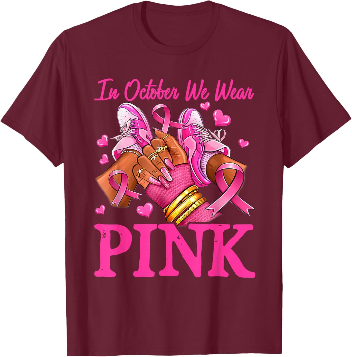 In October We Wear Pink Black Women Breast Cancer Awareness T-Shirt - T-Shirt | Maroon
