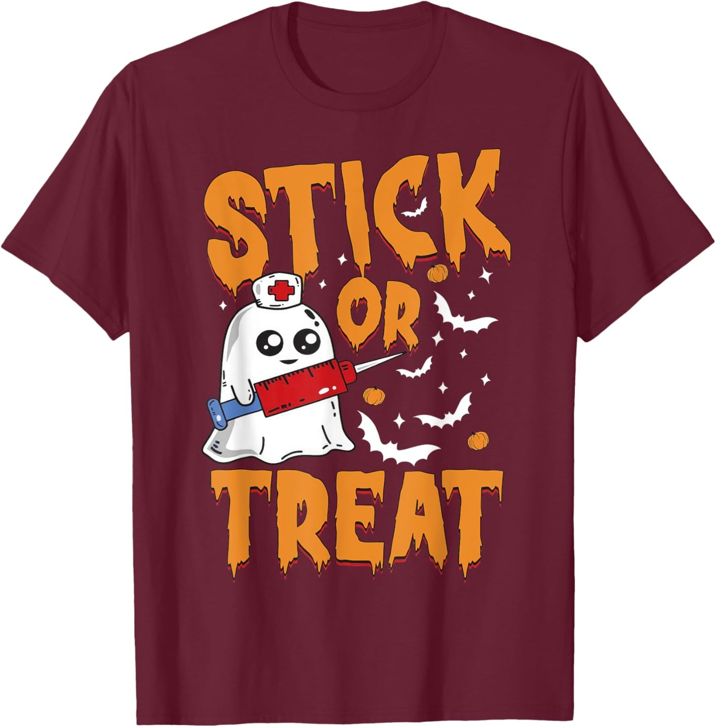 Stick Or Treat Ghost Nurse Phlebotomy Tech Halloween Costume T-Shirt - T-Shirt | Maroon