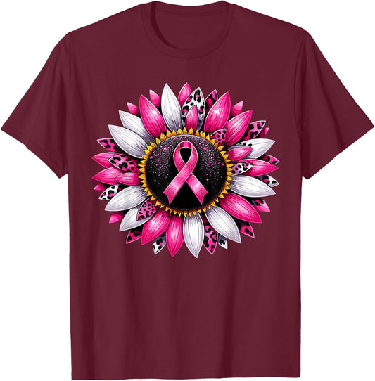 Sunflower Pink Breast Cancer Awareness Women Warrior T-Shirt - T-Shirt | Maroon