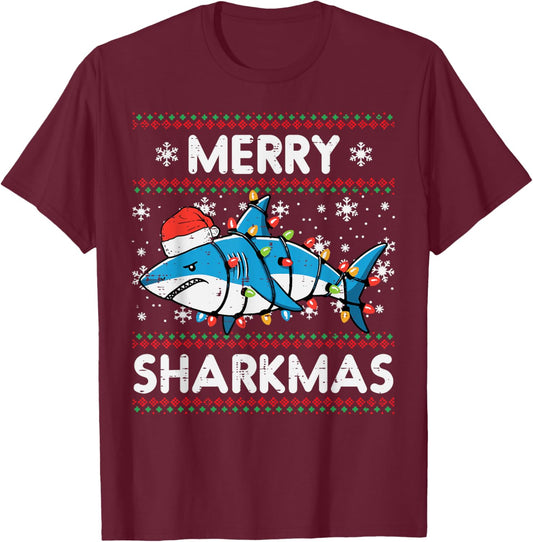 Christmas Shark Merry Sharkmas Funny Ugly Xmas Boys Kids Men T-Shirt - T-Shirt | Maroon