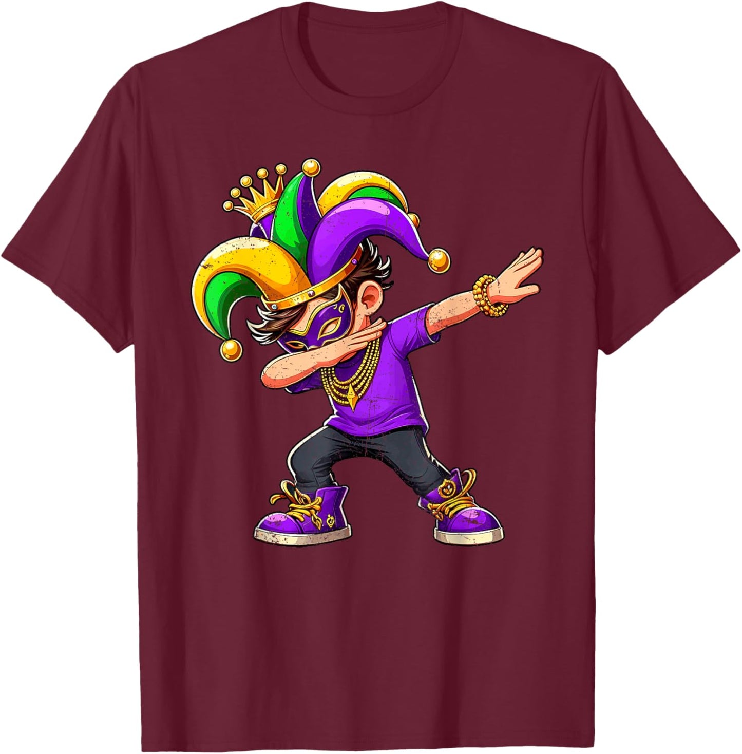 Dabbing Mardi Gras For Black Boy Outfit Jester Hat Kid T-Shirt - T-Shirt | Maroon