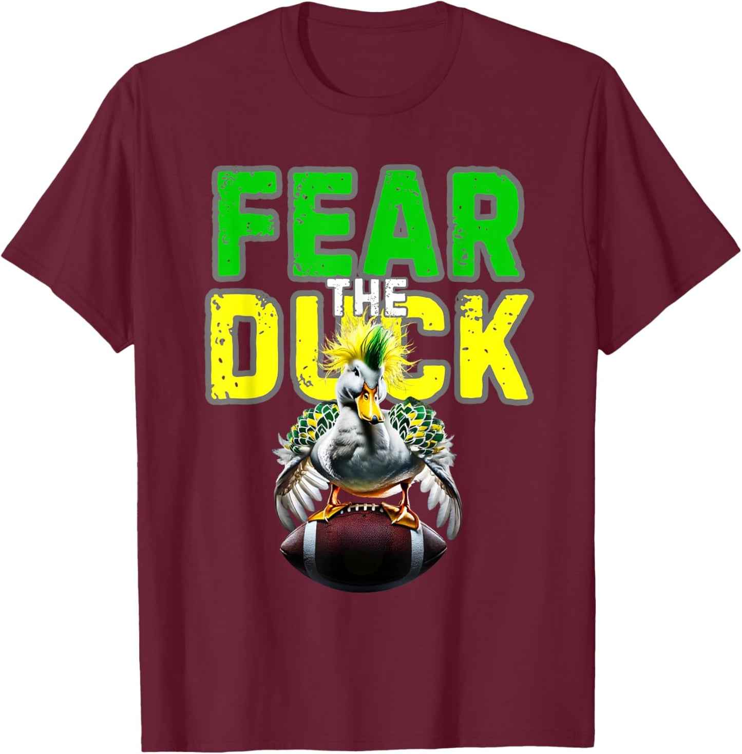 Fear the Duck from Quack Attack features a green and yellow T-Shirt - T-Shirt | Maroon