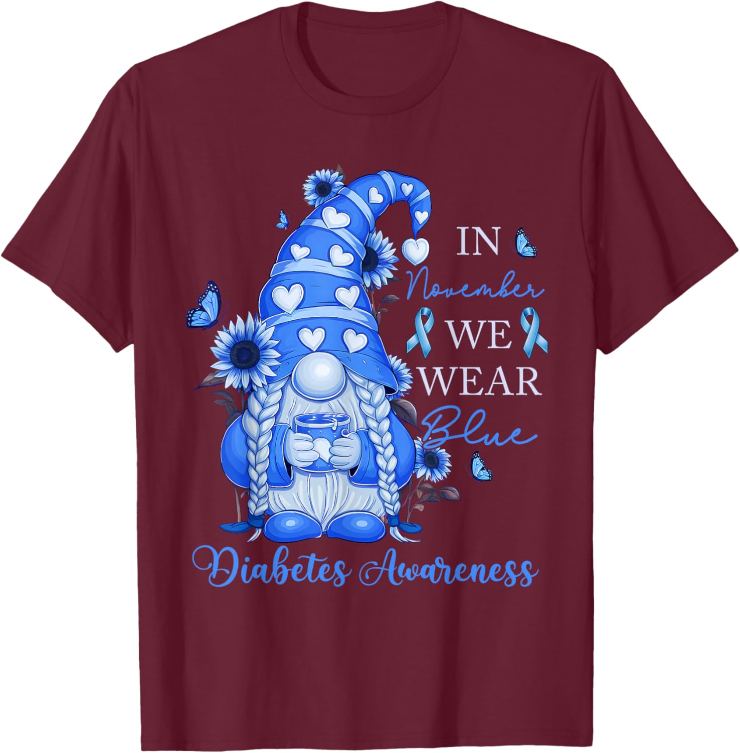 In November We Wear Ribbon Blue Diabetes Awareness Women Kid T-Shirt - T-Shirt | Maroon