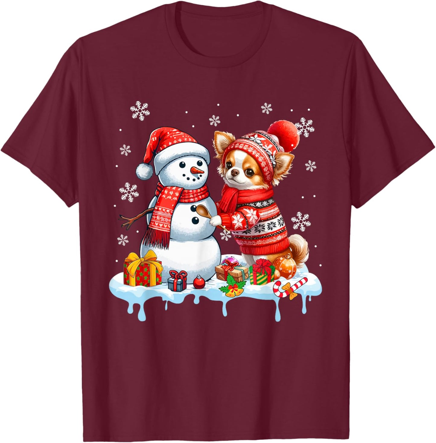 Santa Chihuahua Builds Snowman Christmas Dog Owner Kids T-Shirt - T-Shirt | Maroon