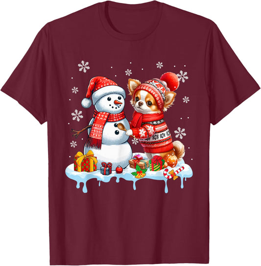 Santa Chihuahua Builds Snowman Christmas Dog Owner Kids T-Shirt - T-Shirt | Maroon