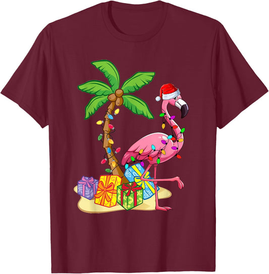 Flamingo Santa Hat Palm Tree Merry Christmas Lights T-Shirt - T-Shirt | Maroon