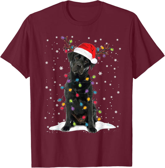 Black Lab Labrador Christmas Tree Light Pajama Dog Xmas T-Shirt - T-Shirt | Maroon