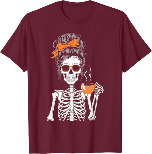 Halloween Skeleton Messy Bun Coffee Funny Costume Mom Women T-Shirt - T-Shirt | Maroon