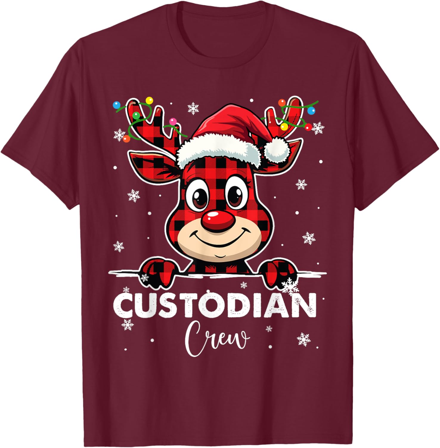 Funny Red Plaid Reindeer Custodian Crew Christmas Merry Xmas T-Shirt - T-Shirt | Maroon