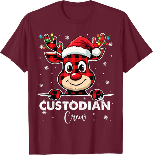 Funny Red Plaid Reindeer Custodian Crew Christmas Merry Xmas T-Shirt - T-Shirt | Maroon