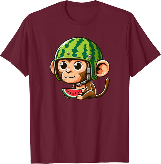 Watermelon Monkey Helmet T-Shirt - T-Shirt | Maroon