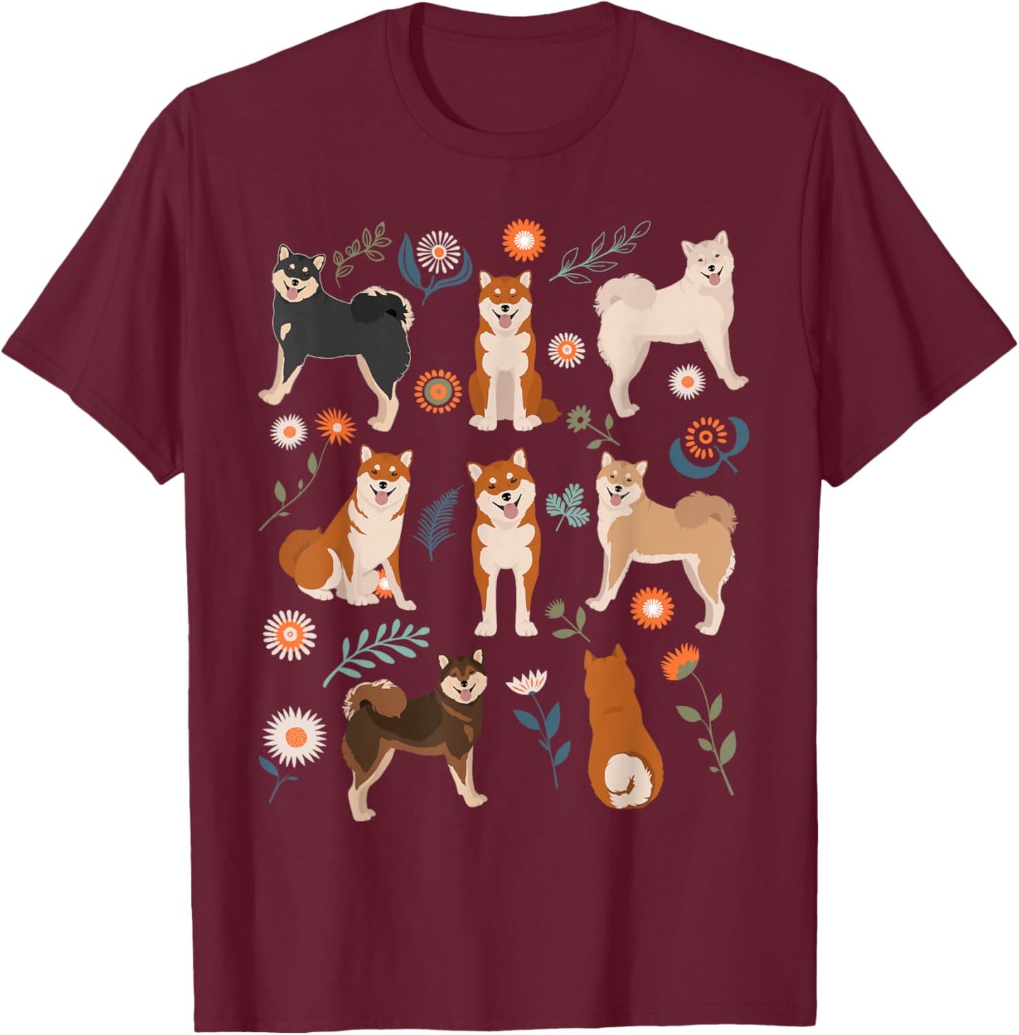 Shiba Inu Dog Flowers, Cute Pet Red Black Tan White Sesame T-Shirt - T-Shirt | Maroon