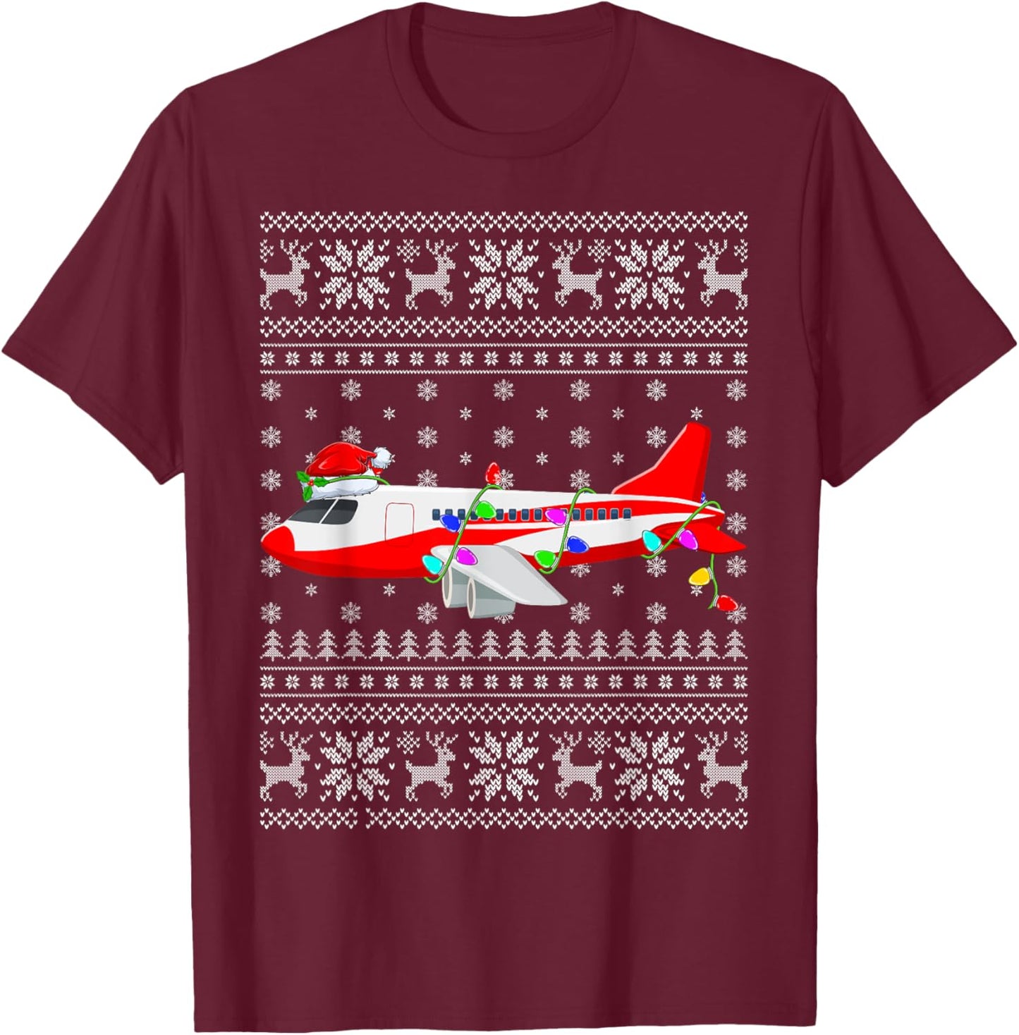 Ugly Sweater Xmas Lights Santa Hat Airplane Christmas T-Shirt - T-Shirt | Maroon