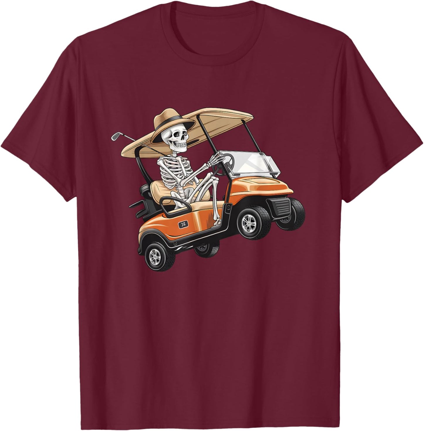 Halloween Funny Skeleton Riding Golf Cart Golfer Sport Lover T-Shirt - T-Shirt | Maroon