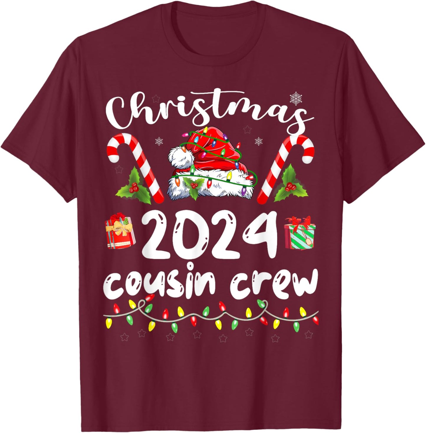 Christmas 2024 Cousin Crew Santa Hat Men Women Kids T-Shirt - T-Shirt | Maroon