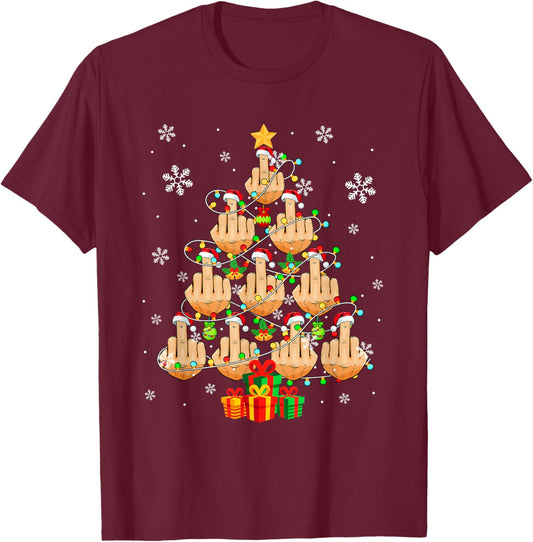 Santa Middle Fingers Christmas Tree Sarcastic Costume Adult T-Shirt - T-Shirt | Maroon