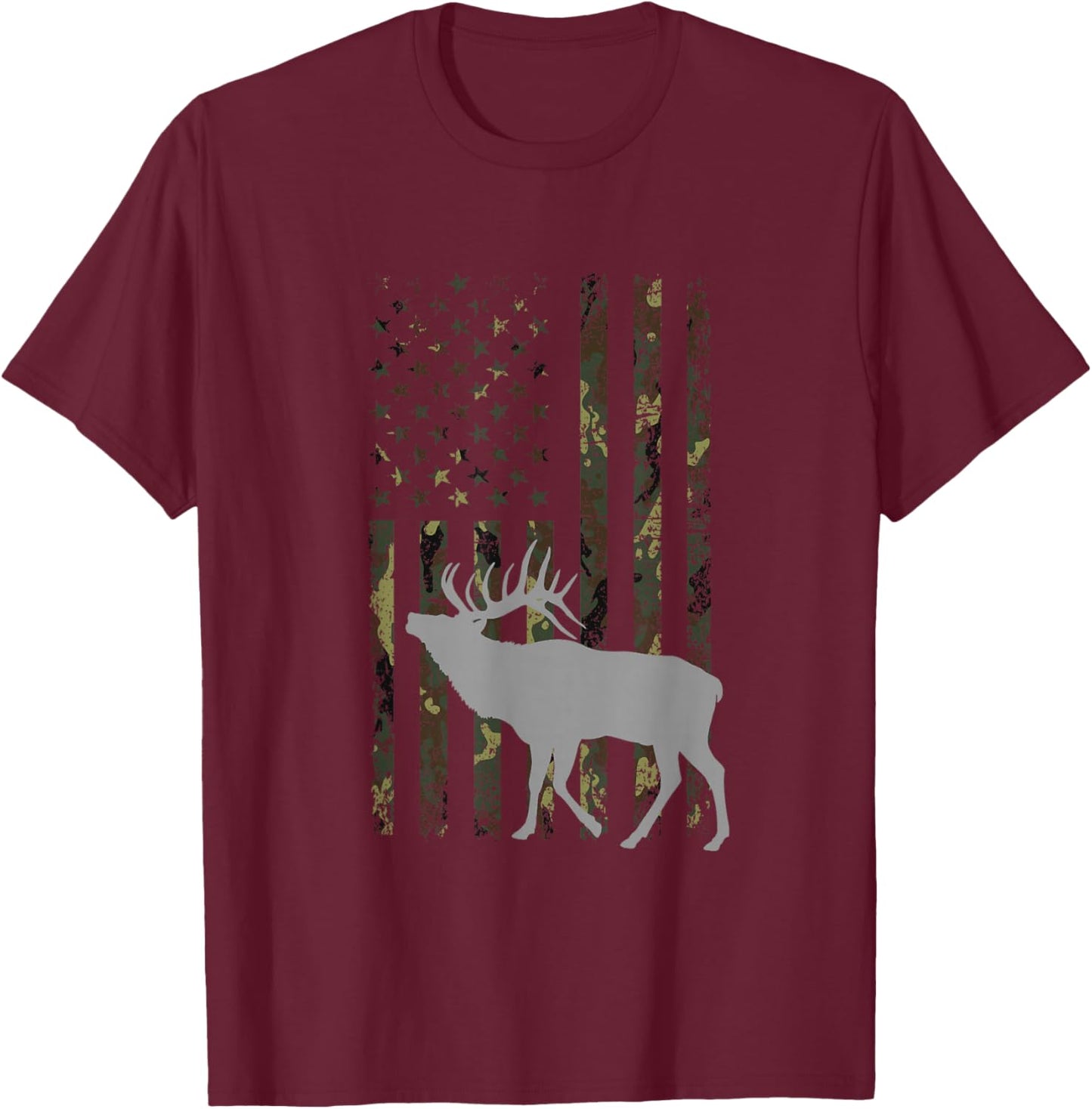 Elk Hunting Camouflage Flag Hunter American Flag Hunting T-Shirt - T-Shirt | Maroon