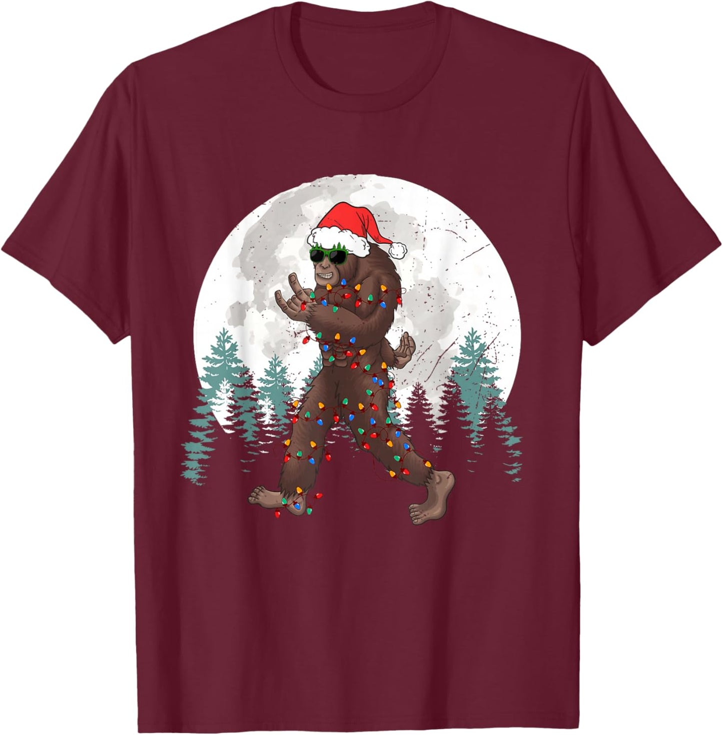 Sasquatch Christmas Tree Bigfoot Lights Xmas Rock Boys T-Shirt - T-Shirt | Maroon