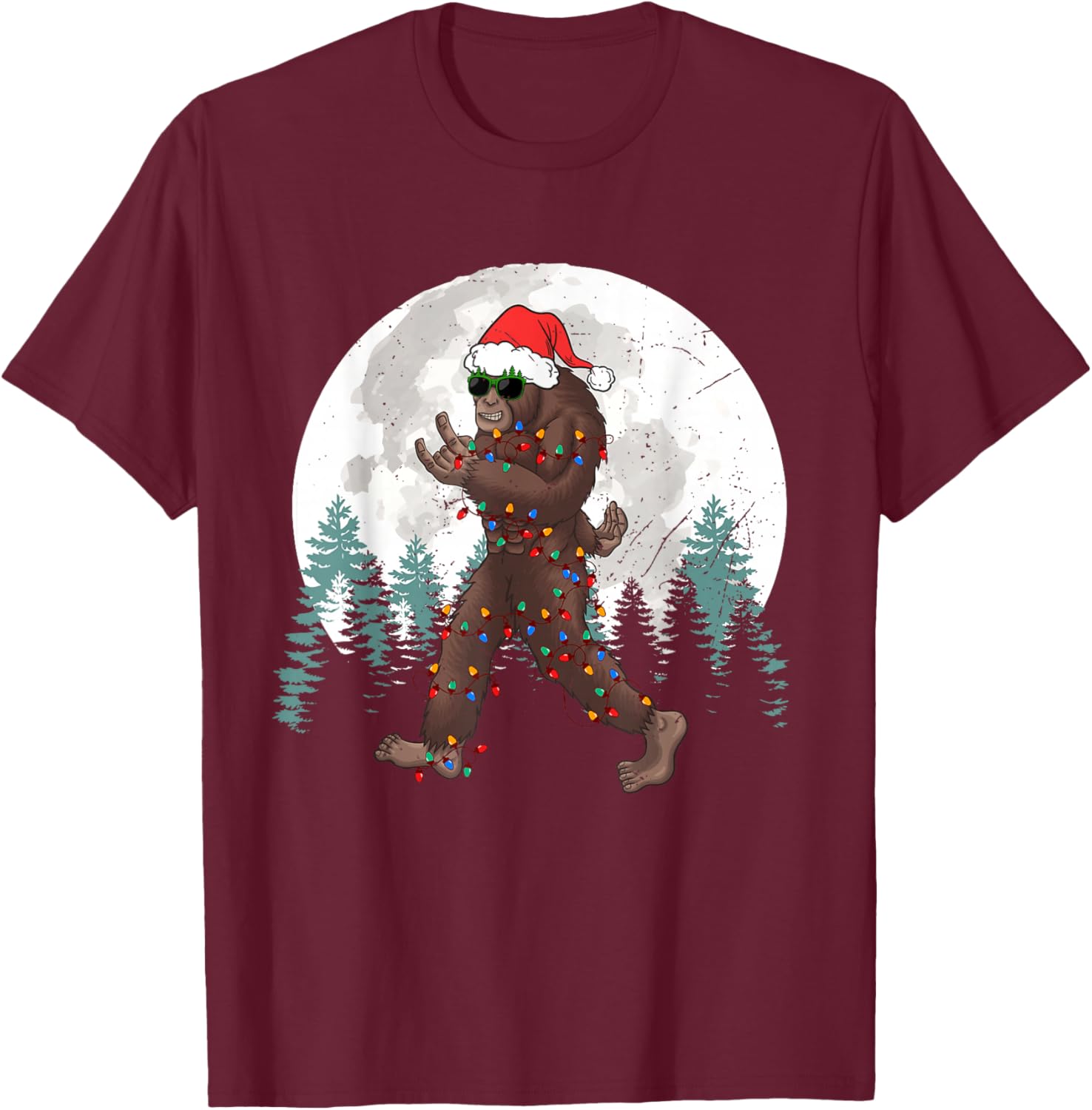 Sasquatch Christmas Tree Bigfoot Lights Xmas Rock Boys T-Shirt - T-Shirt | Maroon