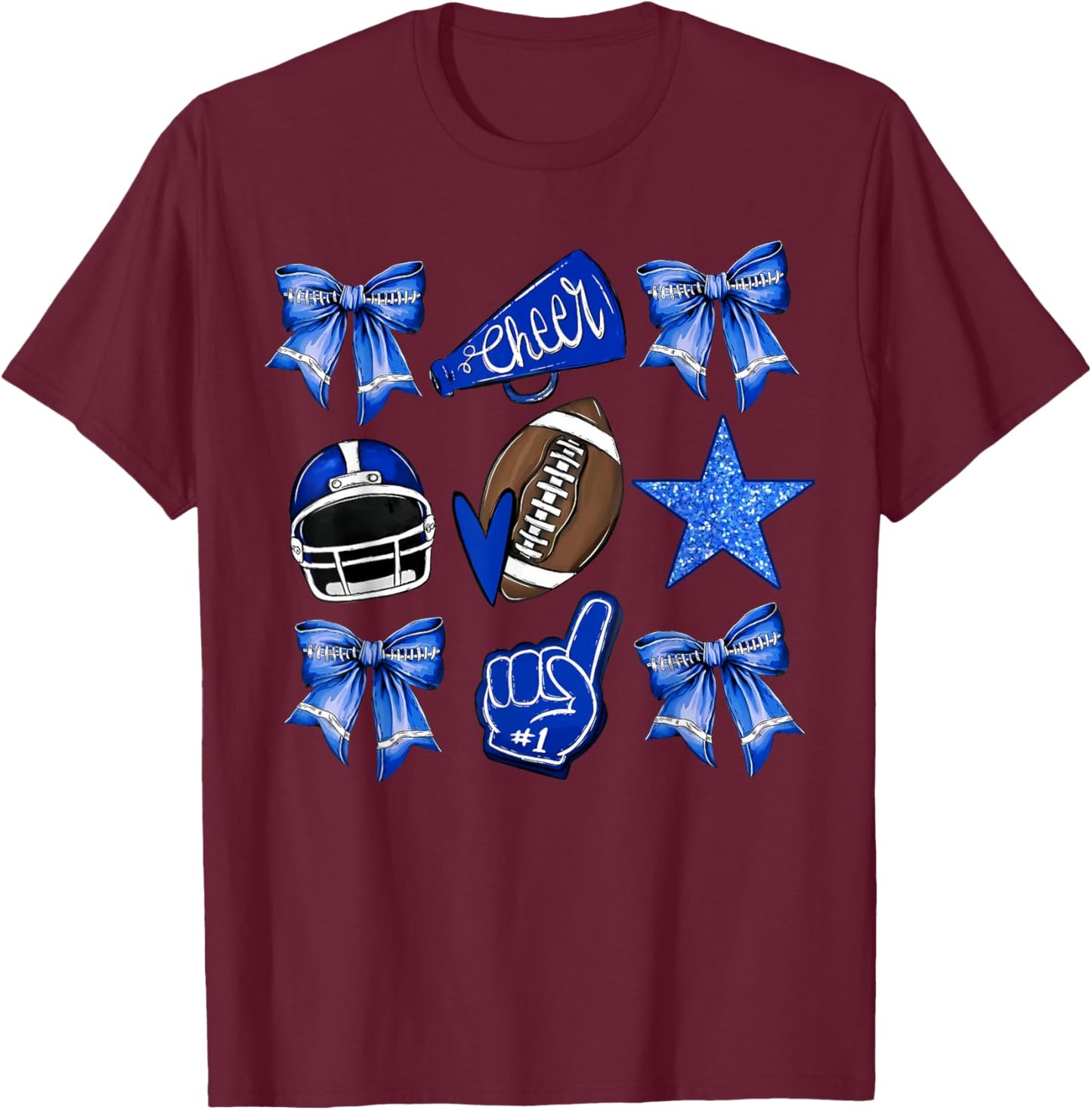 Blue Coquette Bow Football Disco Football Bow Coquette T-Shirt - T-Shirt | Maroon