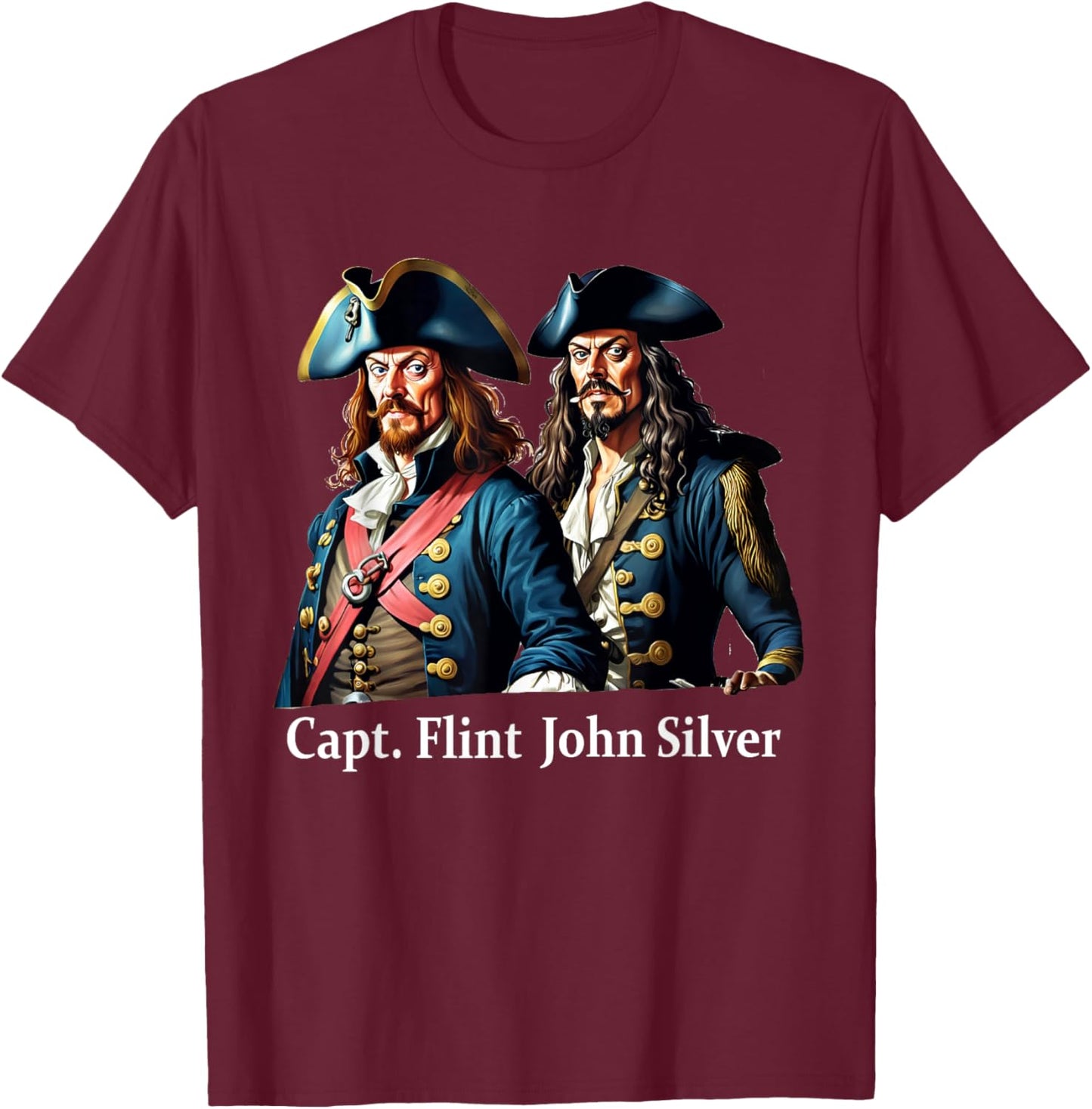Captain Flint & Long John Silver Pirate Portrait T-Shirt - T-Shirt | Maroon