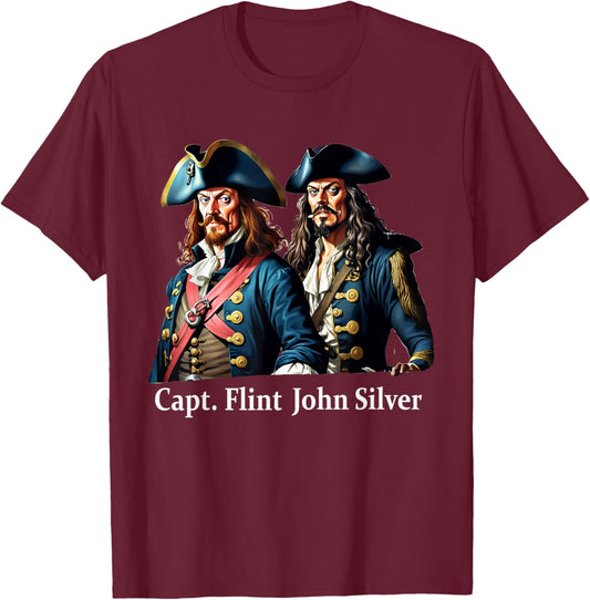 Captain Flint & Long John Silver Pirate Portrait T-Shirt - T-Shirt | Maroon
