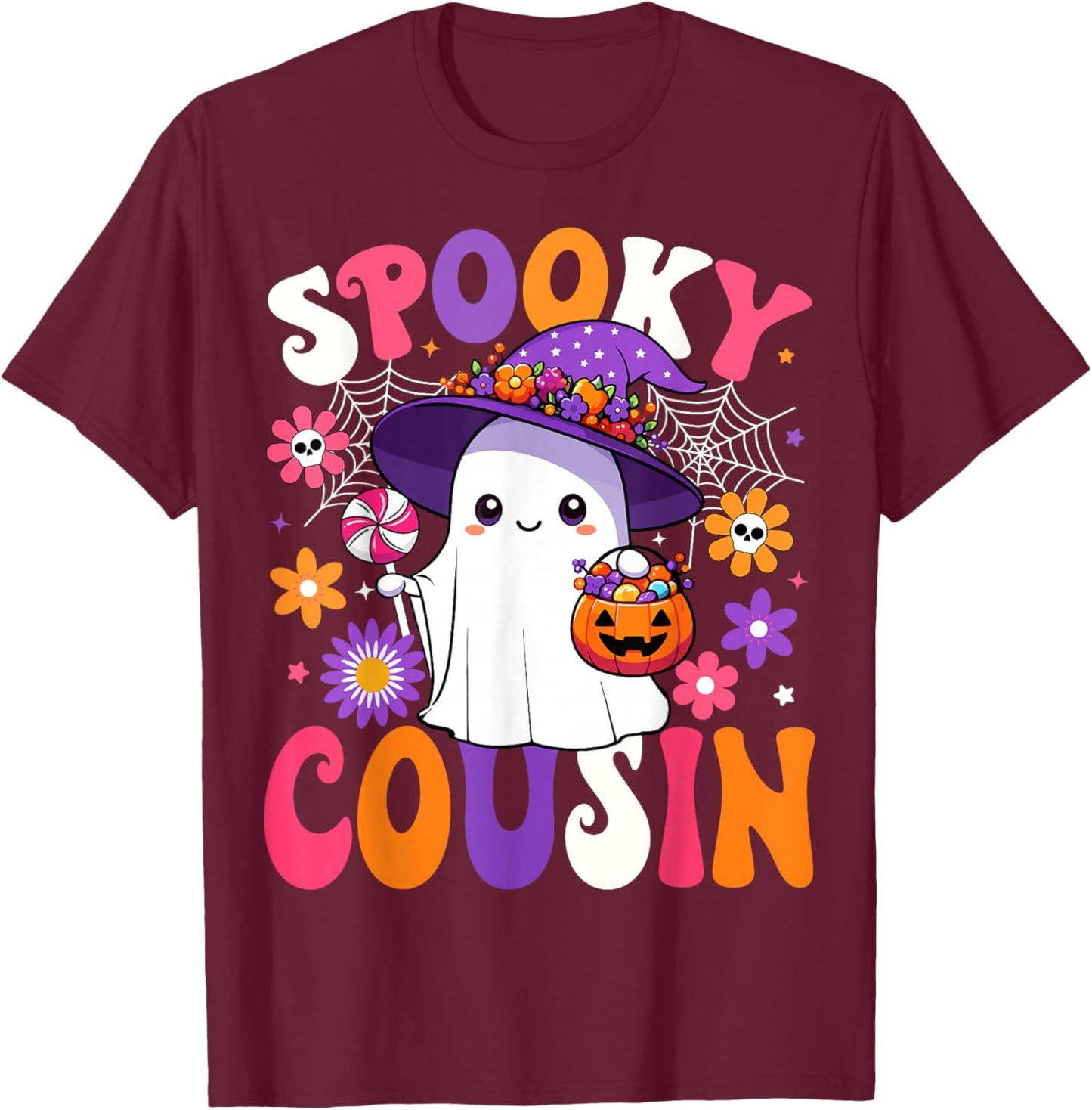 Groovy Spooky Cousin Halloween Ghost Pumpkin Halloween T-Shirt - T-Shirt | Maroon