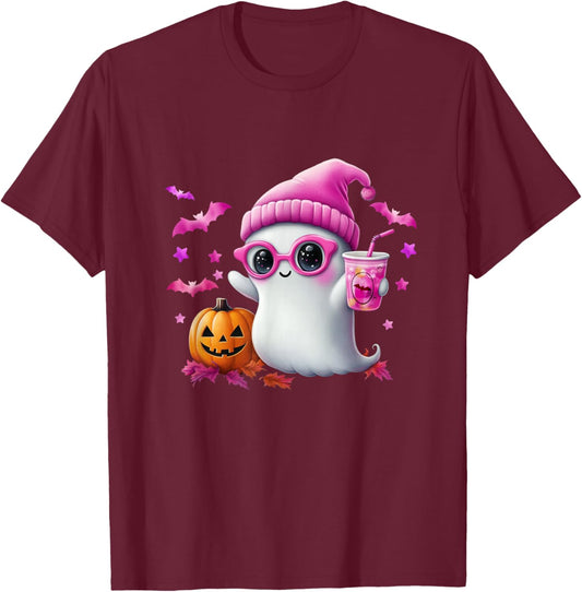 Cute Pink Ghost Halloween - Funny Retro Ghost with T-Shirt - T-Shirt | Maroon