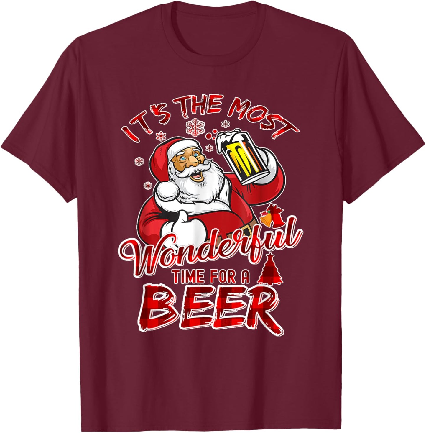 Funny Christmas Santa Claus Drinking Beer Wonderful Time T-Shirt - T-Shirt | Maroon