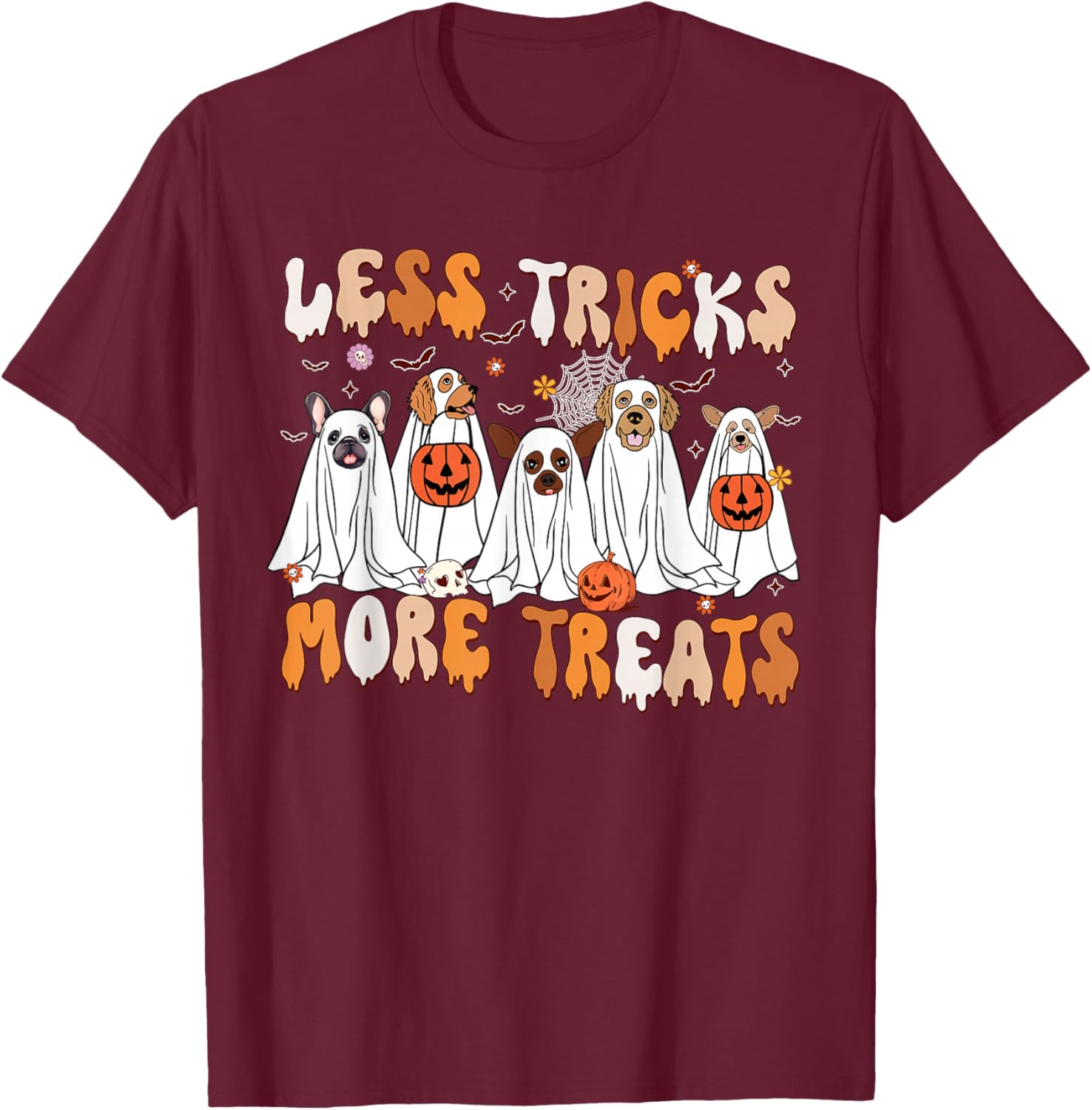 Less Tricks More Treats Spooky Ghost Dogs Vet Tech T-Shirt - T-Shirt | Maroon