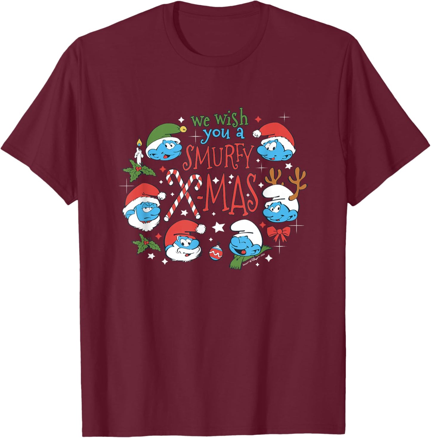 The Smurfs Christmas We Wish You A Smurfy X-Mas T-Shirt - T-Shirt | Maroon