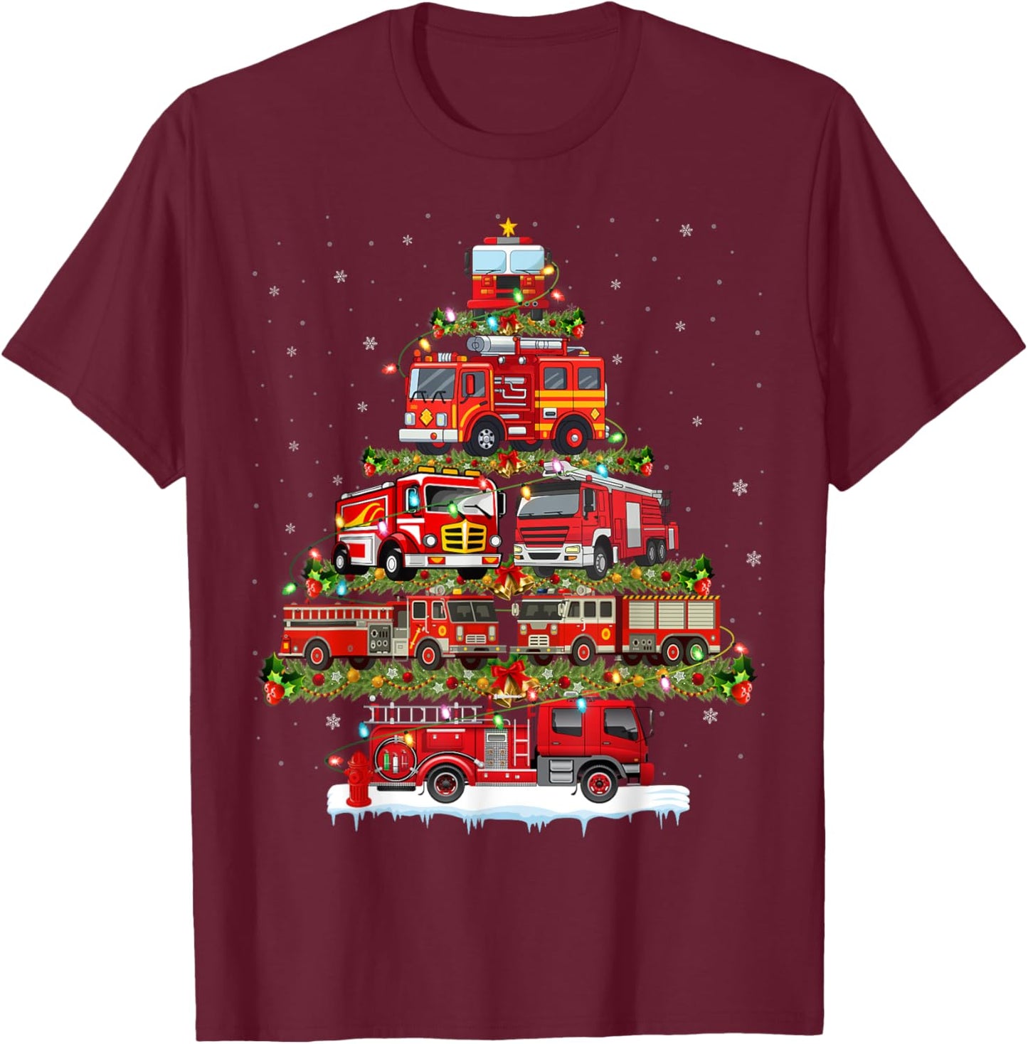 Fire Truck Xmas Lights Firefighter Fire Truck Christmas Tree T-Shirt - T-Shirt | Maroon