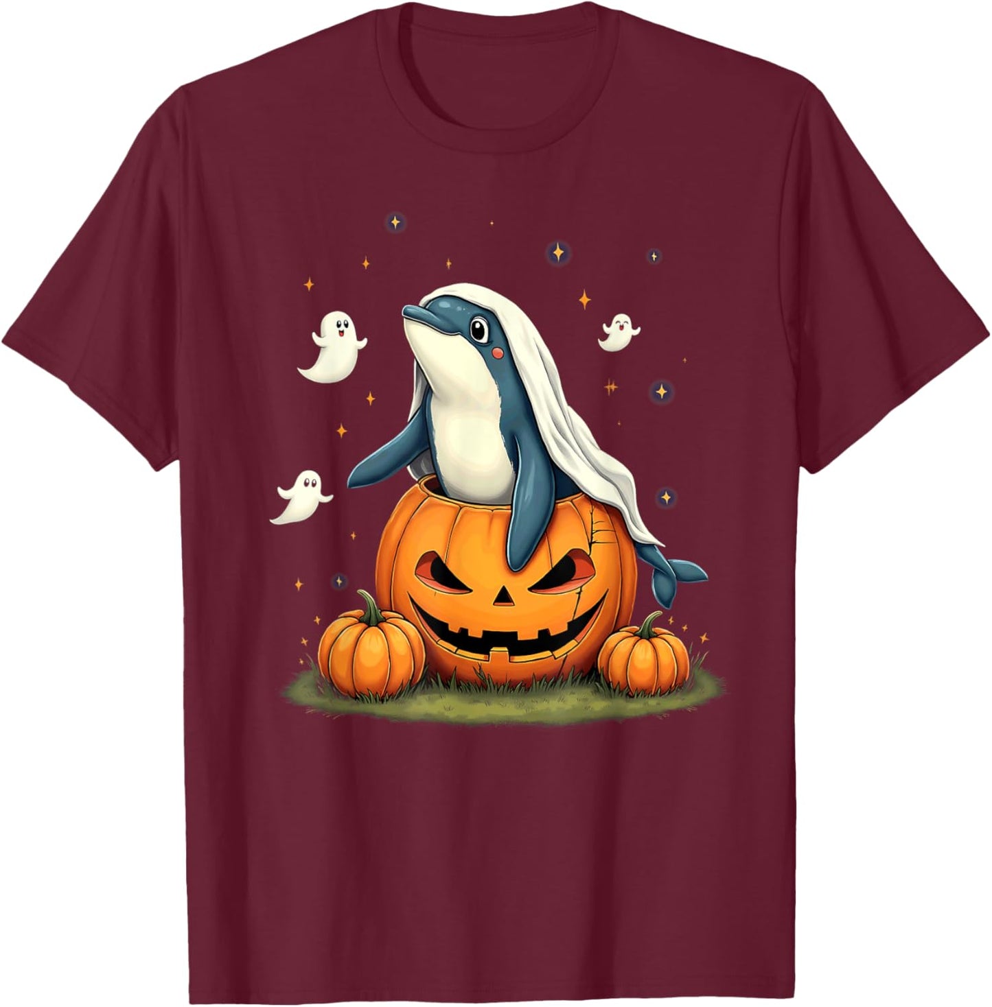 Pumpkin Boo Ghost Orca Whale Halloween Costume T-Shirt - T-Shirt | Maroon