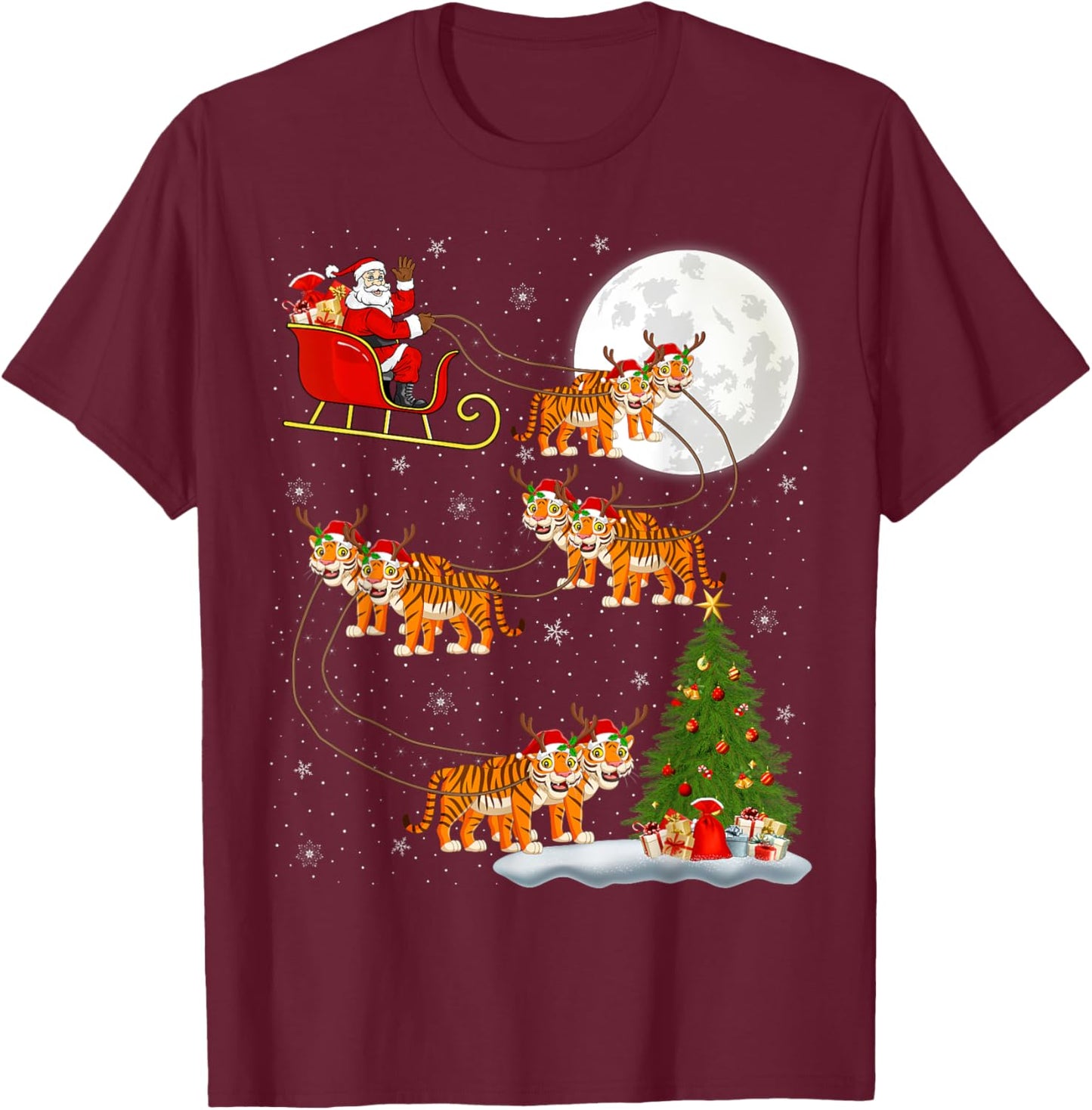 Xmas Tree Lights Funny Santa Riding Tiger Christmas T-Shirt - T-Shirt | Maroon