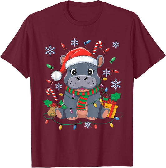 Baby Hippo Christmas Pajamas Pygmy Hippo Xmas for Zoo Lover T-Shirt - T-Shirt | Maroon