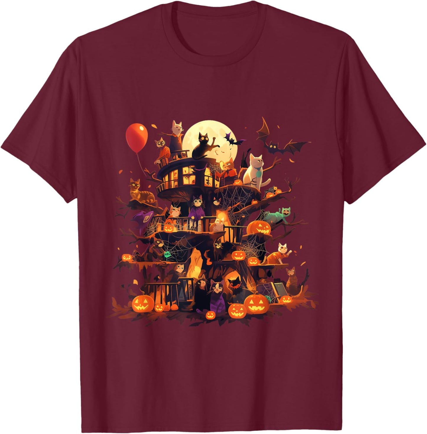 Cat Pumpkin Haunted House Horror Halloween Gifts Women Kids T-Shirt - T-Shirt | Maroon