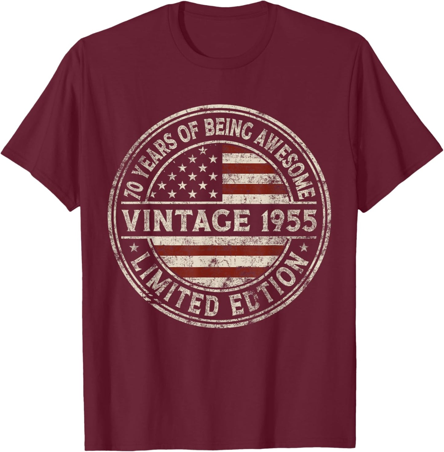 70th Birthday Vintage 1955 Limited Edition American Flag T-Shirt - T-Shirt | Maroon