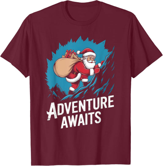 Adventure Awaits Funny Santa Claus Mountain Climbing Lover T-Shirt - T-Shirt | Maroon