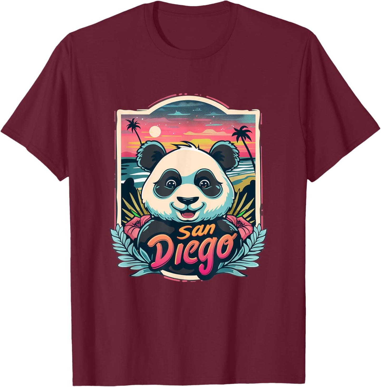 Women's San Diego Panda City Skyline Beach Cute Panda Zoo T-Shirt - T-Shirt | Maroon