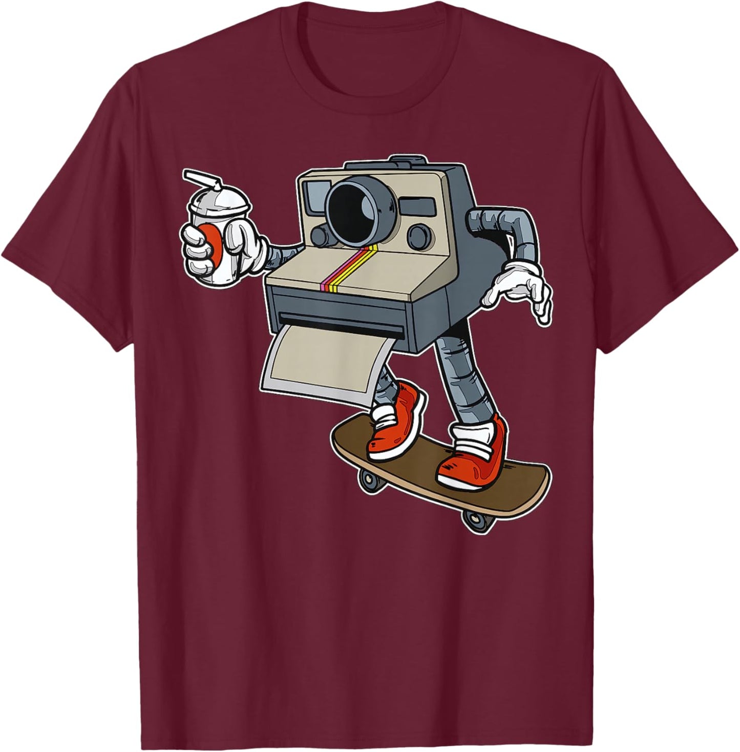 Cartoon Camera On Skateboard Playful Retro Character T-Shirt - T-Shirt | Maroon