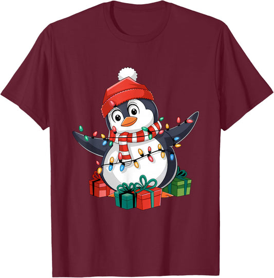 Penguin Santa Lights Christmas - Penguin Lover T-Shirt - T-Shirt | Maroon