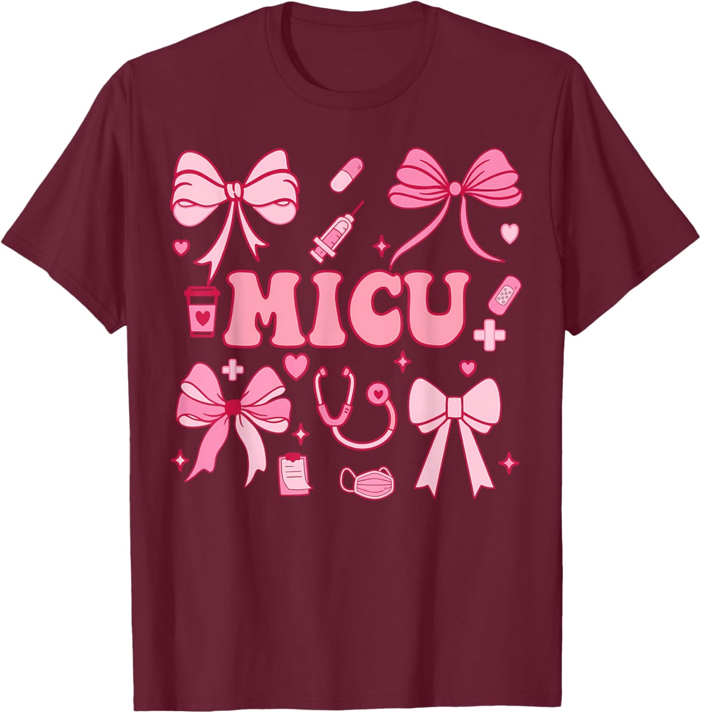 Coquette Bow MICU Nurse Medical Intensive Care Unit Heart T-Shirt - T-Shirt | Maroon