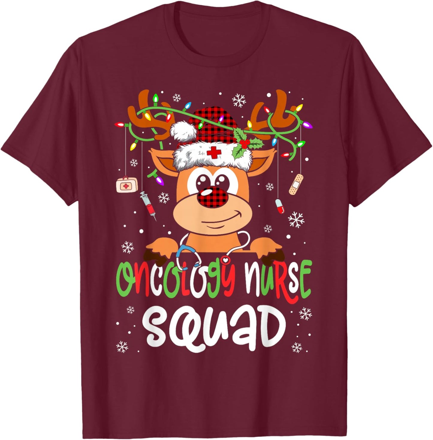 Oncology Nurse Squad Reindeer Stethoscope Nurse Christmas T-Shirt - T-Shirt | Maroon