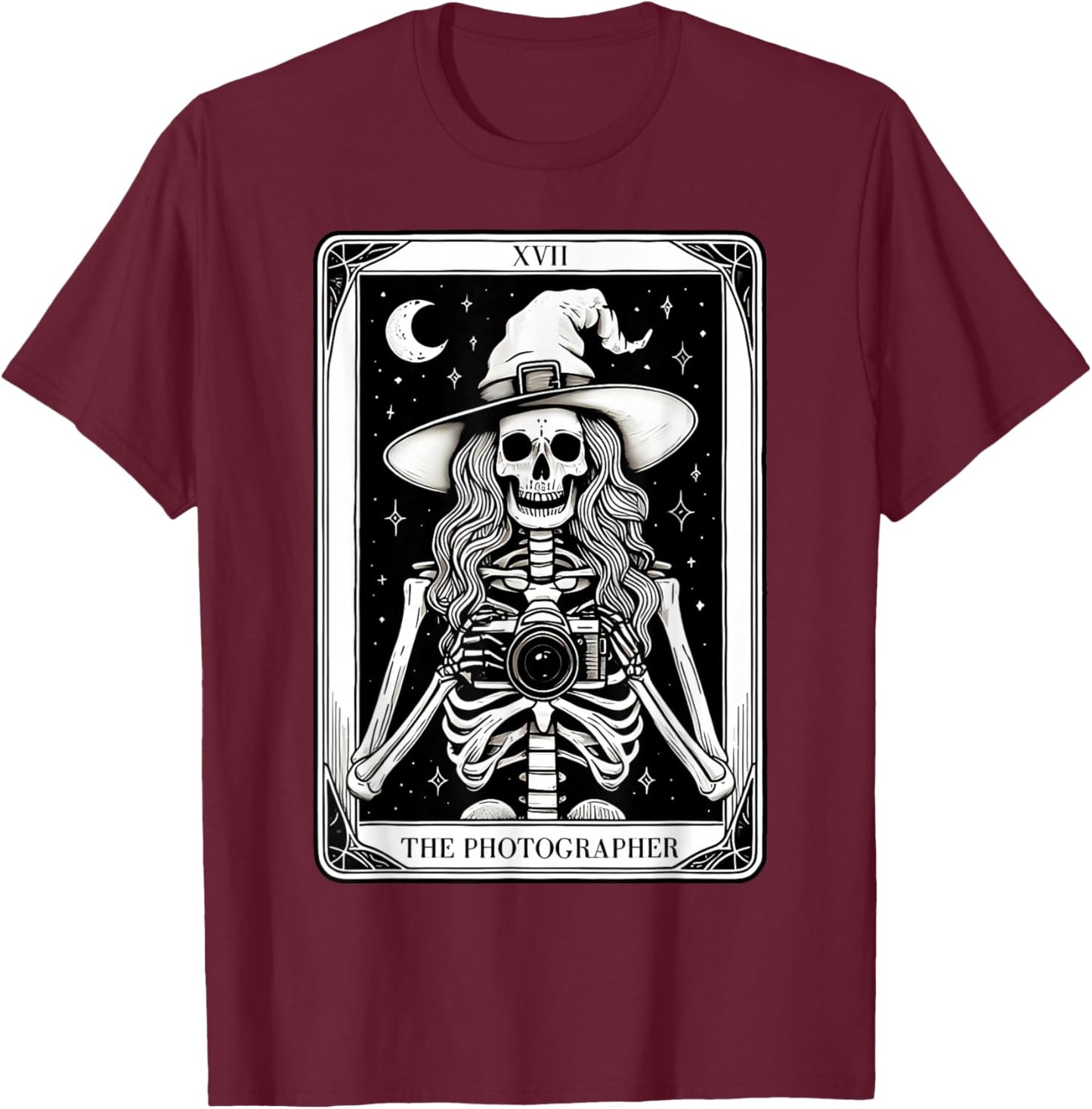Photographer Skeleton Tarot Card Witch Vibes Cameraman T-Shirt - T-Shirt | Maroon
