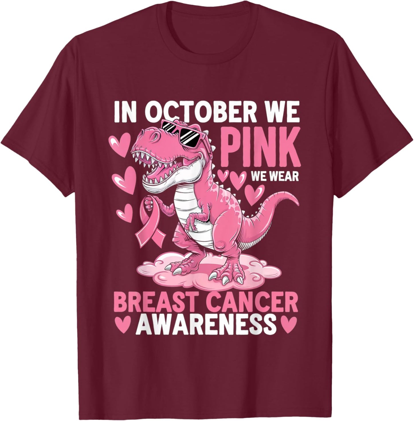 In October We Wear Pink Cute Dinosaur Breast Cancer Boys T-Shirt - T-Shirt | Maroon