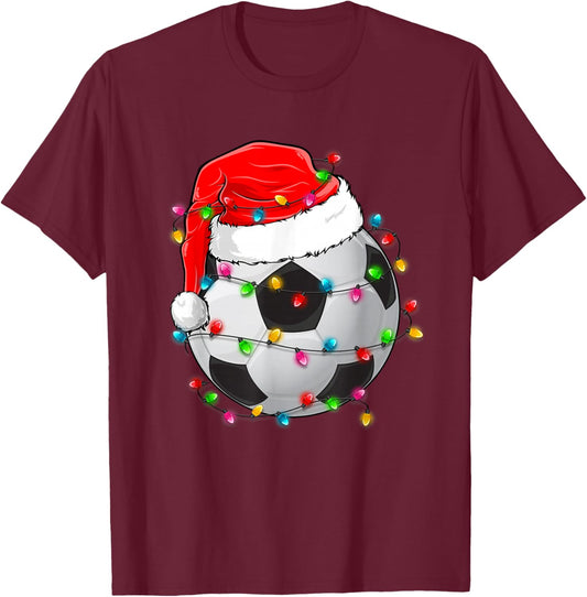 Christmas Soccer Ball Santa Hat Funny Sport Xmas Boys Men T-Shirt - T-Shirt | Maroon